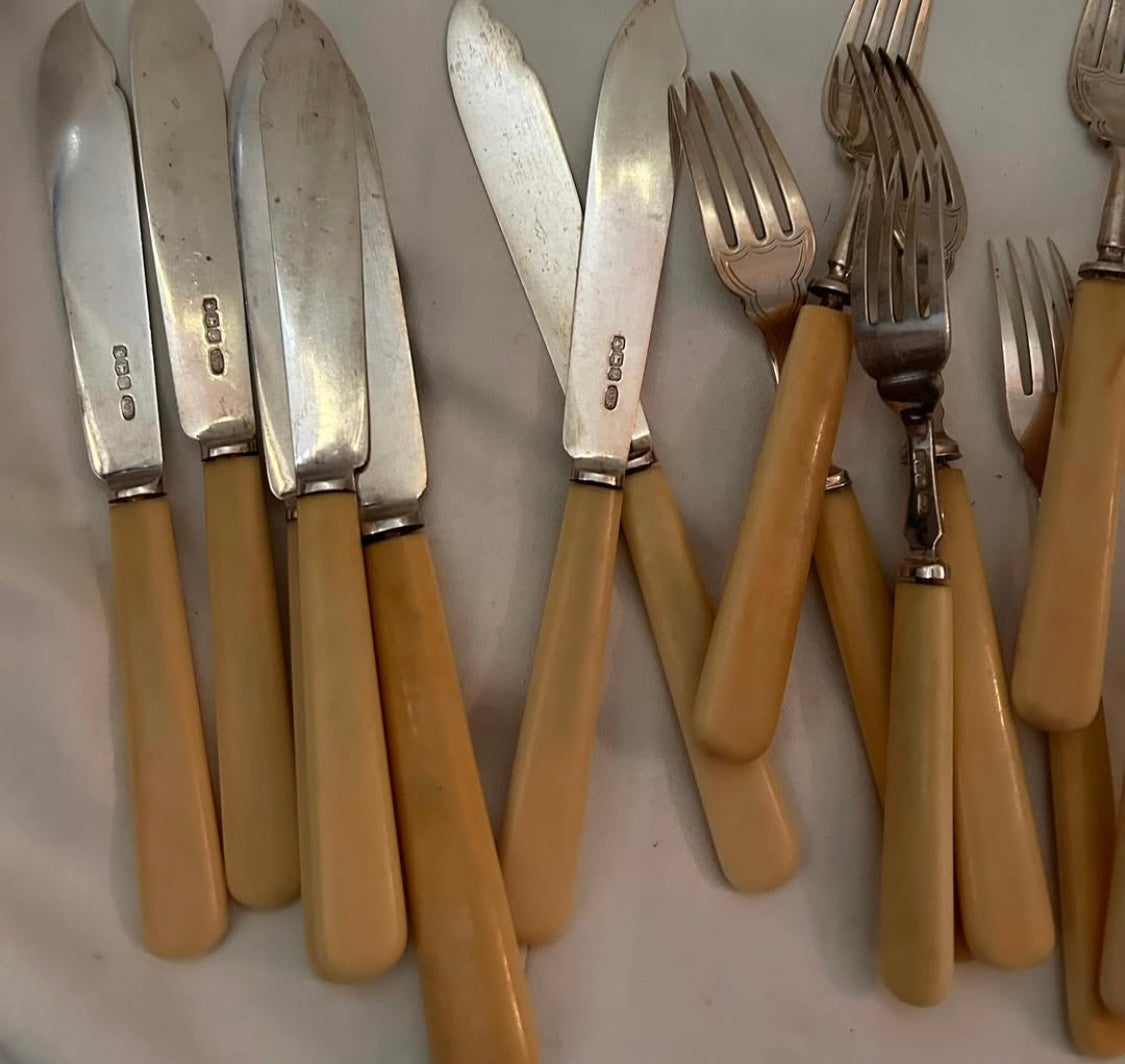 SILVER, BONE HANDLES